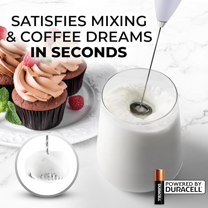 Zulay Kitchen Handheld Milk Frother with Duracell AA Batteries – Ultra Fast Electric Mixer & Foam Maker, Easy-Clean Drink Mixer for Coffee & More