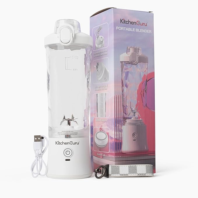 Elite Rechargeable Travel Blender: 240W Personal Smoothie Maker with 6-Leaf Blade, 600ml Capacity, and Innovative Pop-Up Design for Easy Portability - For Home or On the Go (White)