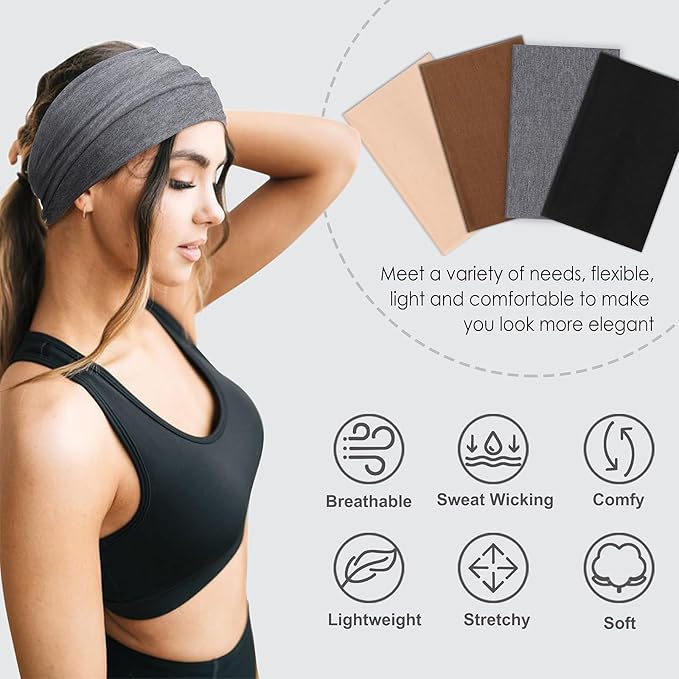 DRESHOW Wide Headbands for Women Elastic Turban Hair Bands Boho Head Bands for Women's Hair Non-Slip Yoga Workout Hairband Girls Accessories 4 Pack