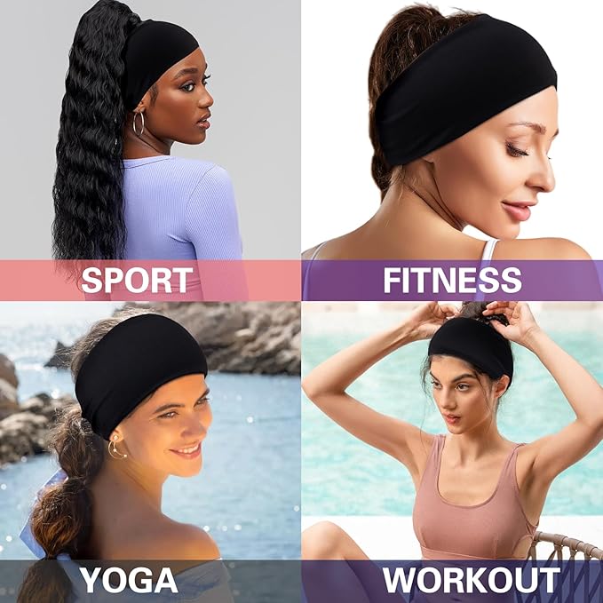 Black 4 inches Wide Headbands for Women, Non Slip Workout Yoga Running Hair Bands Head Wrap Sweat Bands, Pack of 12