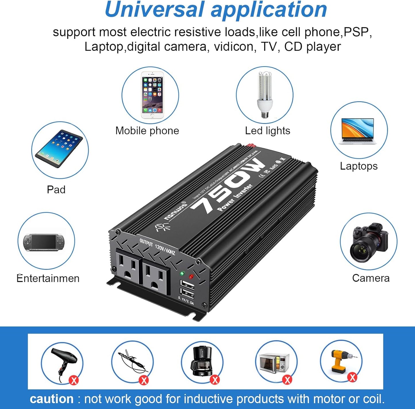 12V to 110V Inverter - 750W Car Inverter with 2 AC Outlets & 2 USB Ports for Trucks & Various Vehicles