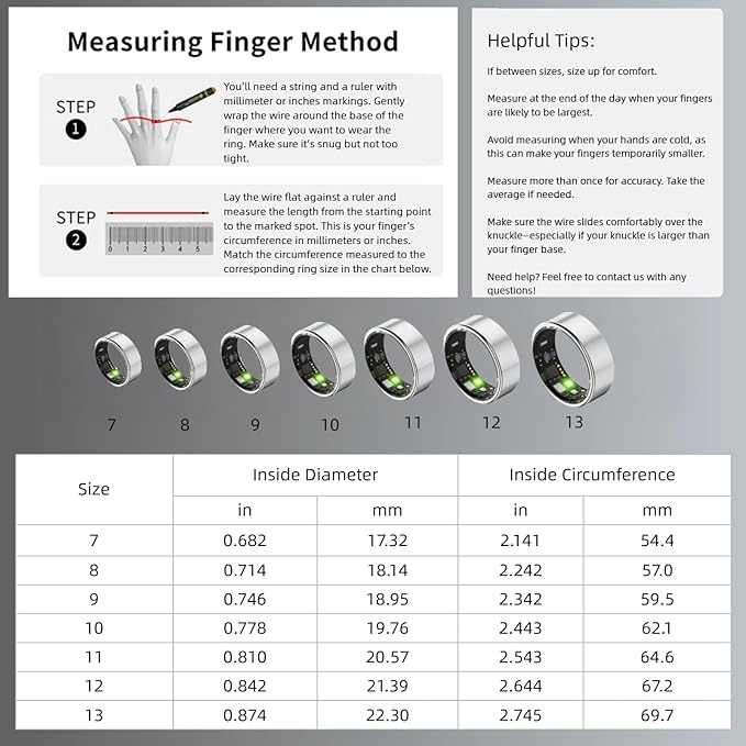 Smart Wellness Ring, Stylish Fitness Tracker with Heart Rate, Blood Oxygen, Blood Pressure, Sleep & Step Monitor. IP68 Waterproof, No Subscription, iOS & Android Compatible (Silver, 11)