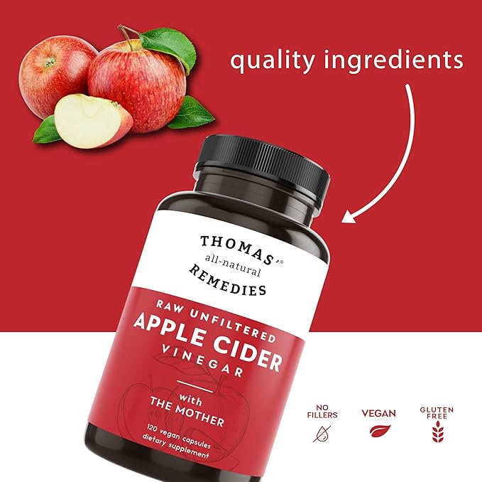 Thomas' all-natural Remedies Apple Cider Vinegar with The Mother, Raw & Unfiltered ACV Pills for Gut & Digestion, 120Ct