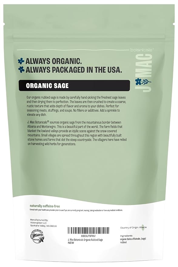J Mac Botanicals, Organic Rubbed Sage (4 oz), Certified USDA Organic, Dried Rubbed Sage Leaf. Culinary Grade-excellent for sausage making, fresh Albanian harvest