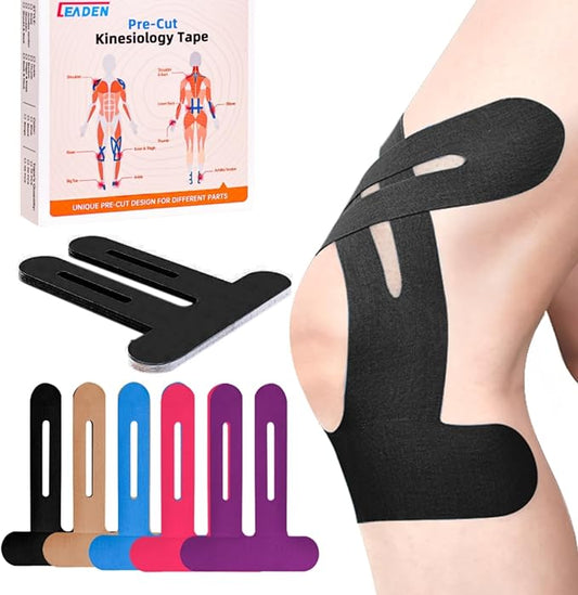 IEADEN Precut Kinesiology Tape for Knees, 10 Pcs - Knee Support & Stability, Knee Pain Relief Athletic Tape - Waterproof & Elastic, Breathable Hypoallergenic Latex-Free Tape, Black