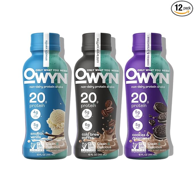 OWYN Only What You Need Plant Based Protein Shake, 20g Vegan Protein from Organic Pumpkin seed, Flax, Pea Blend, Prebiotic supplement, Gluten & Soy-Free (Vanilla Variety Pack, 12 Pack)