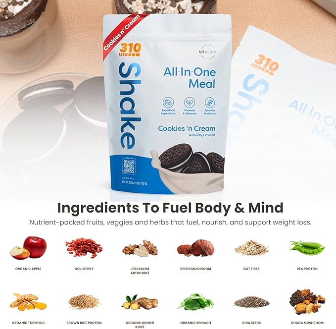 310 Nutrition All-In-One Meal Replacement Shake Powder - Plant-Based Protein Smoothie Blend w/High Fiber, Probiotics & Adaptogens - Low Carb, Vegan, Keto & Paleo Friendly - Cookies N Cream - 28 Srv