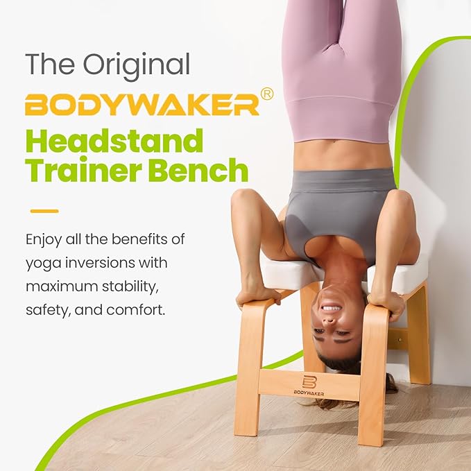 Yoga Headstand Bench, Stand Yoga Chair for Balance Training, Core Strength Building, Upside Down Chair for Relaxation, Handstand Trainer Inversion Chair for Home Gym (Wood White)