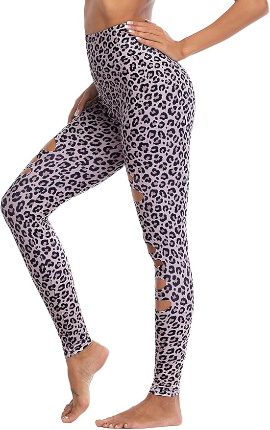 DIBAOLONG Womens High Waist Yoga Pants Cutout Ripped Tummy Control Workout Running Yoga Skinny Leggings