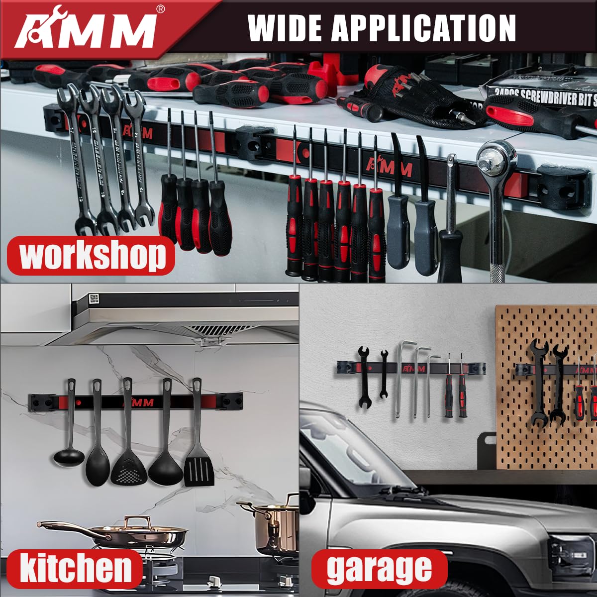 AMM 8PCS Magnetic Tool Holder Strip, 12" Heavy Duty Tool Organizer Magnetic Strip with Mounting Screws, Tool Magnet Bar for Tool Storage, Garage Organization