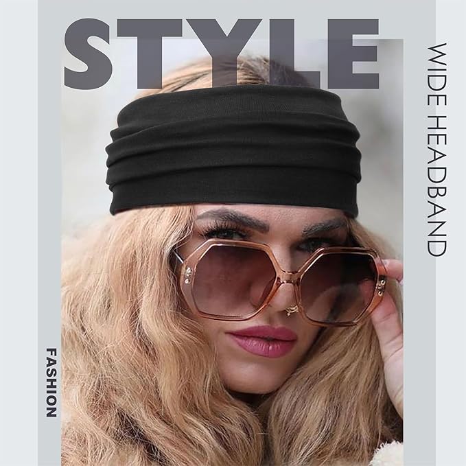 DRESHOW Wide Headbands for Women Elastic Turban Hair Bands Boho Head Bands for Women's Hair Non-Slip Yoga Workout Hairband Girls Accessories 4 Pack