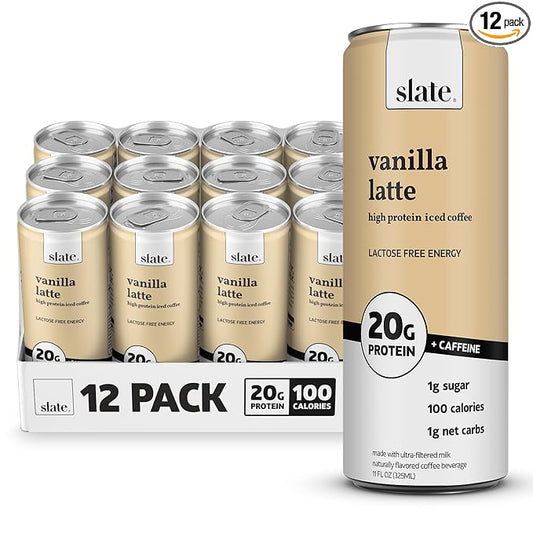 Slate Milk - High Protein Iced Coffee - Vanilla Latte - 175mg Caffeine, Lactose Free Energy - 20g Protein, 1g Sugar, 100 Calories, 1g Net Carbs, No Sugar Added - Protein Coffee - 11 fl oz, 12 Cans