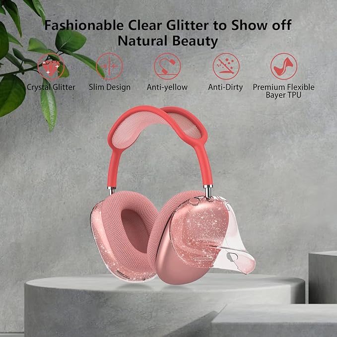 for AirPods Max Case Clear Pink Glitter, for Airpods Max Case Cover,Shockproof Anti-Scratch Soft TPU Protective Cover No-Yellowing for AirPod Max Headphone Accessories-Pink Glitter