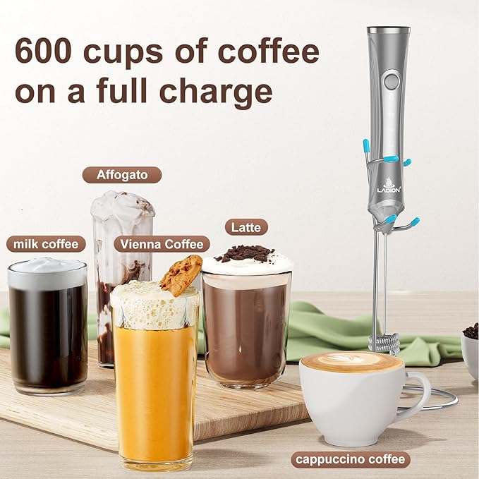 Rechargeable Frother Wand with Stand, Milk Frother with Detachable Stainless Steel Double Rings Whisk, 3-Speed Handheld Electric Drink Mixer for Lattes, Cappuccino, Coffee (Space Gray)