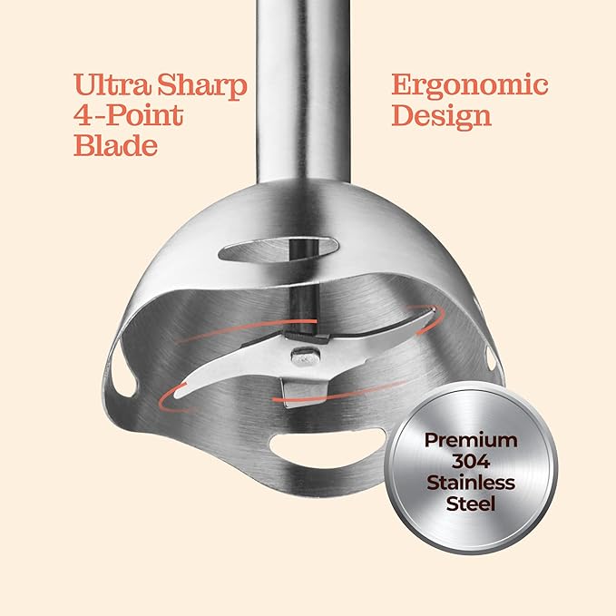 Powerful Immersion Blender, Electric Hand Blender 500 Watt with Turbo Mode, Detachable Base. Handheld Kitchen Gadget Blender Stick for Soup, Smoothie, Puree, Baby Food, 304 Stainless Steel Blades