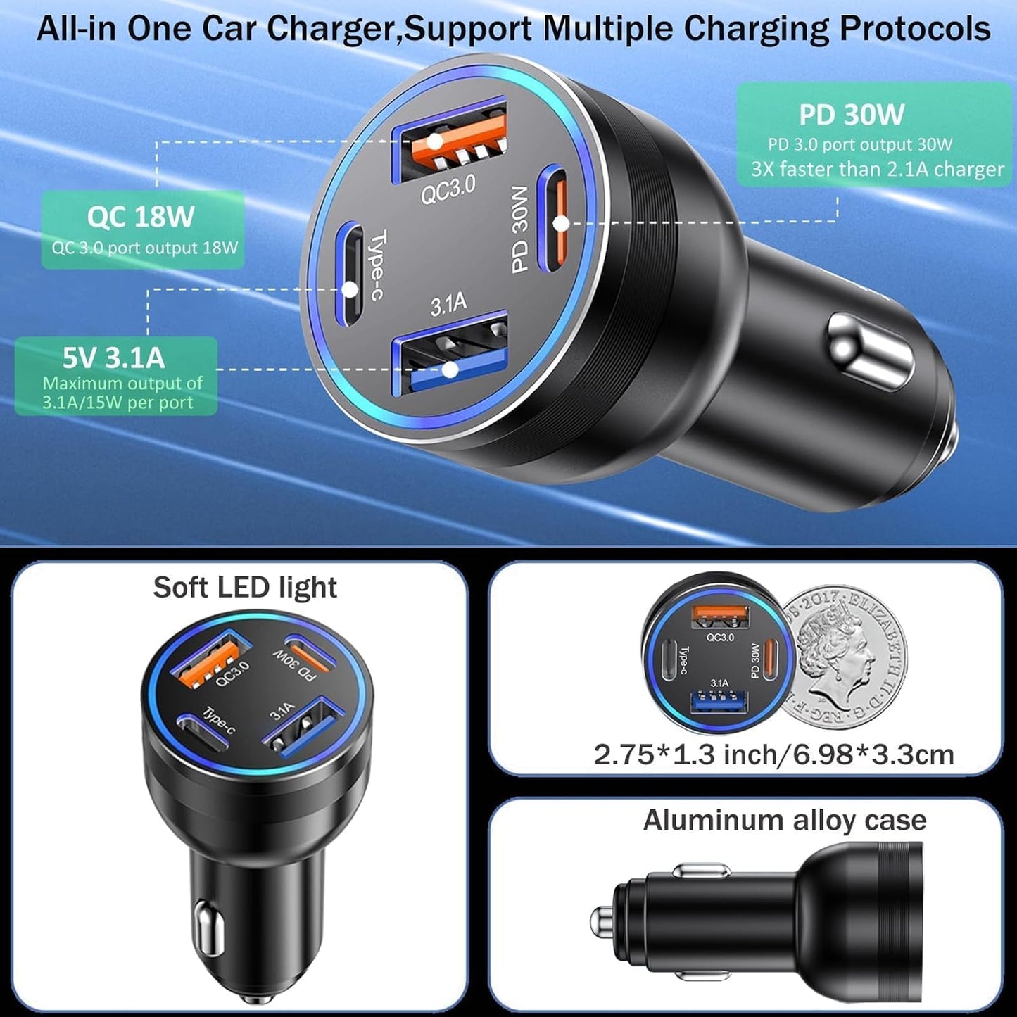 65W USB C Car Charger, 5 Pack 4-Port PD Super Fast Charging Type C Car Charger for Multiple Devices, Cigarette Lighter Adapter, USBC Phone Adapter for iPhone 16/16e/15 Pro Max,Samsung S25,iPad,Pixel