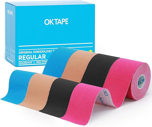 OK TAPE Regular Kinesiology Tape (4 Pack), Original Cotton Athletic Tape for Support Muscle Joint Knee, Sports Waterproof Tape Uncut Strips Latex Free, Hypoallergenic, 2in×16.4ft - 4 Colors
