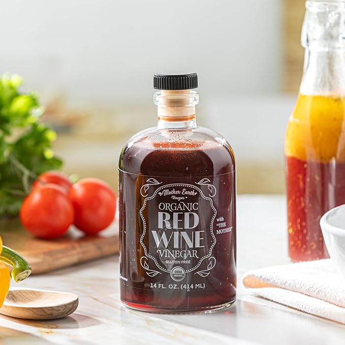 Mother Earth, Organic Red Wine Vinegar with The Mother, Fresh Pressed Organic Cabernet Grapes, ORWV, RWV, Raw, Unpasteurized, Unfiltered (1/14oz Apothecary Glass Bottle with Pour Spout)