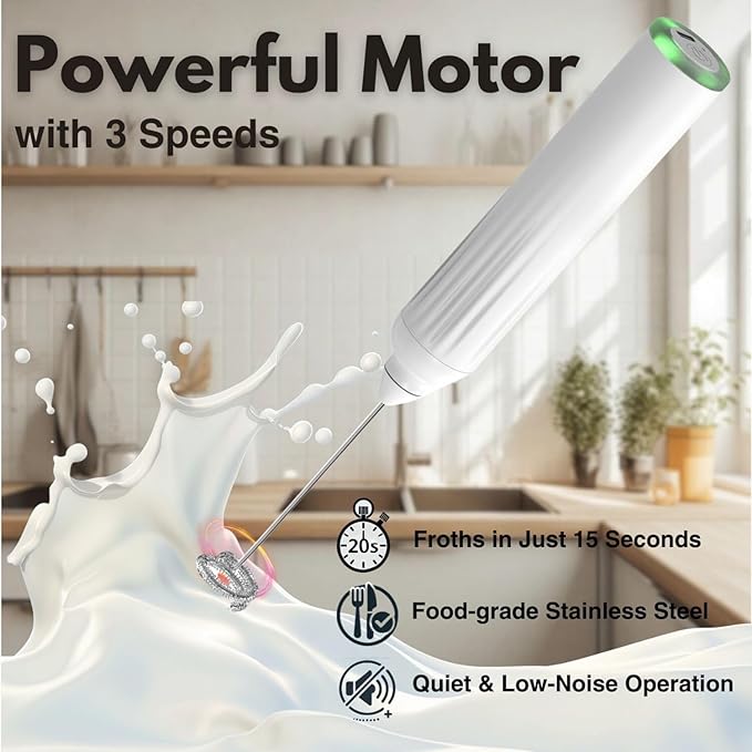 Milk Frother Handheld with 3 Stainless Steel Whisks, Rechargeable Electric Drink Mixer with Stand & Travel Case, Milk Foamer for Coffee, Latte, Cappuccino, Hot Chocolate, Egg,Jam Supplement-White