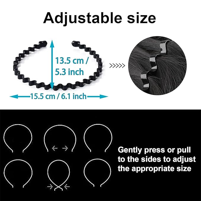 Metal Hair Band, Unisex Black Headbands, Wavy Stylish Design Metal Hair Ties for Men, Adjustable Headband for Women Outdoor Sports and Daily Wear. (3 Pcs)