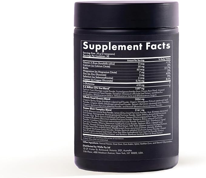 WelleCo The Super Elixir Daily Greens Powder, Probiotic Drink Mix with Whole Foods, Gluten Free, Vegan Gut Health Powder, Energy, Immunity, Healthy Skin, Hair & Nails (300g, Mixed Berry)