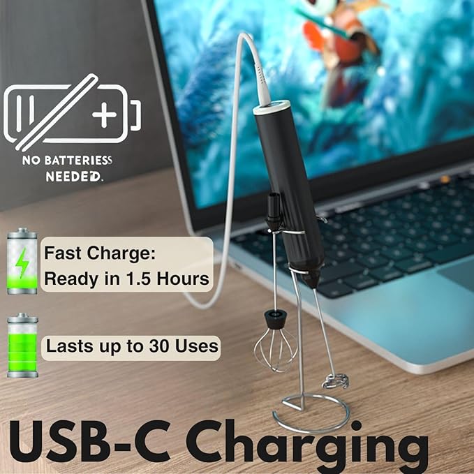 Milk Frother Handheld with 3 Stainless Steel Whisks, Rechargeable Electric Drink Mixer with Stand & Travel Case, Milk Foamer for Coffee, Latte, Cappuccino, Hot Chocolate, Egg,Jam Supplement-White