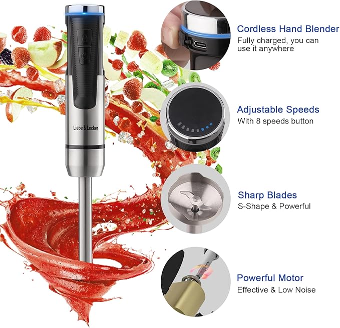 Liebe&Lecker Cordless Hand Blender, Immersion Blender Handheld USB Rechargeable 8 Variable Speeds with Whisk, Milk Frother Attachments, Portable Stick mixed for Milkshakes, Smoothies & Soups.