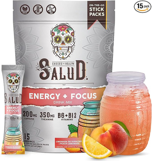 Salud 2-in-1 Energy Drink Powder + Focus, Peach Lemonade, Organic Caffeine, B6 + B12, Theanine, Clean Energy Drink Packets, Agua Fresca Mix, Non-GMO, Gluten Free, Vegan, 1g of Sugar, (15 Servings)