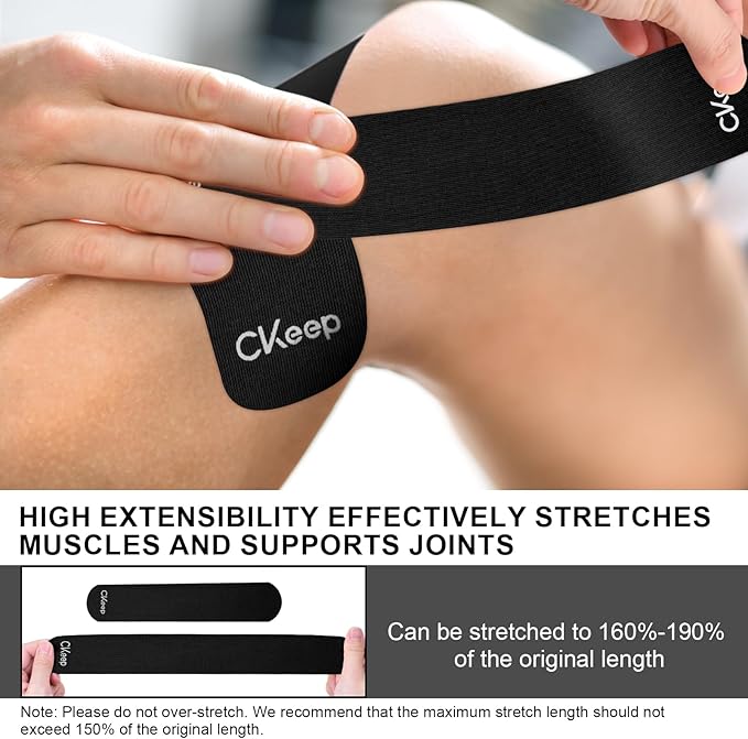 CKeep Kinesiology Tape, 2 Rolls Cotton Latex Free Hypoallergenic Elastic Precut Strips, 2 Inch Wide Waterproof Athletic Tape for Knees Pain Injuries Sprains, Black