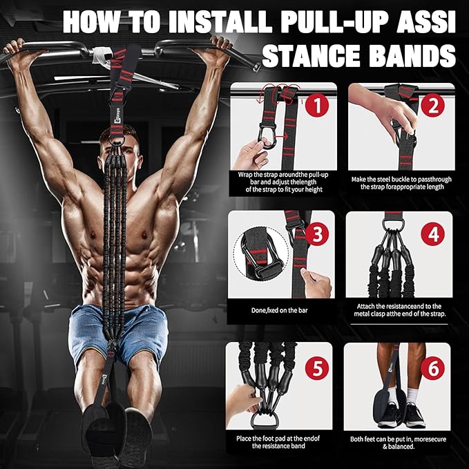 Pull Up Assistance Bands,Up to 300 lbs Assistance,Adjustable Heavy Duty 4 Resistance Bands for Pull up, with Feet/Knee Rest, Handle and Door Anchor for Home Gym Fitness Exercise Strength Training