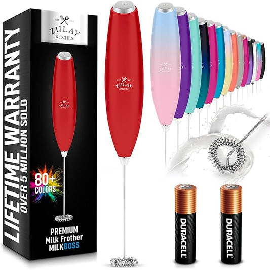 Zulay Kitchen Milk Frother Wand Drink Mixer with AA Duracell Batteries- Durable Handheld Milk Frother Electric Whisk - Easy-Clean Milk Frother Wand & Mini Blender - Electric Coffee Frother - Red