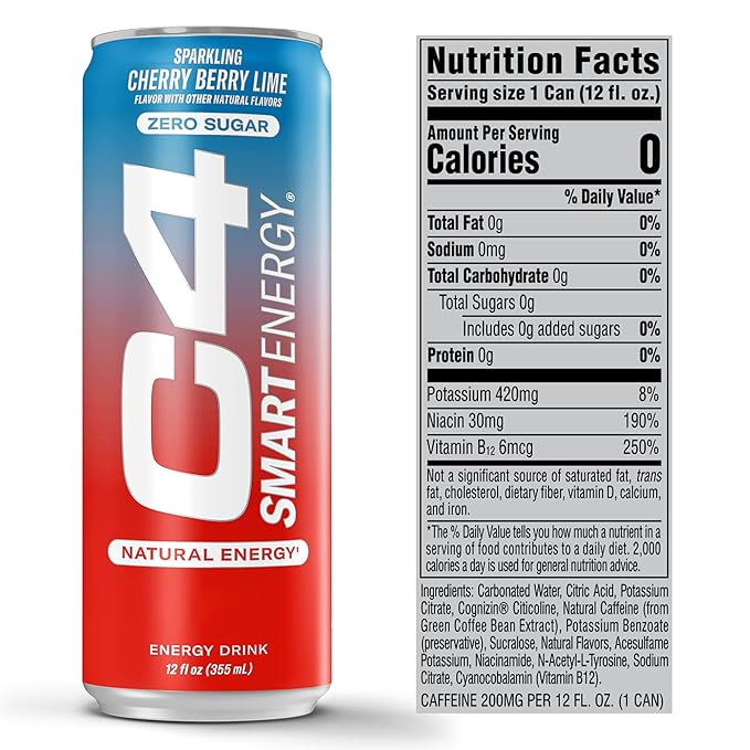 Cellucor C4 Smart Energy Drink – Boost Focus and Energy with Zero Sugar, Natural Energy, and Nootropics - 200mg Caffeine - Cherry Berry Lime (12oz Pack of 12)
