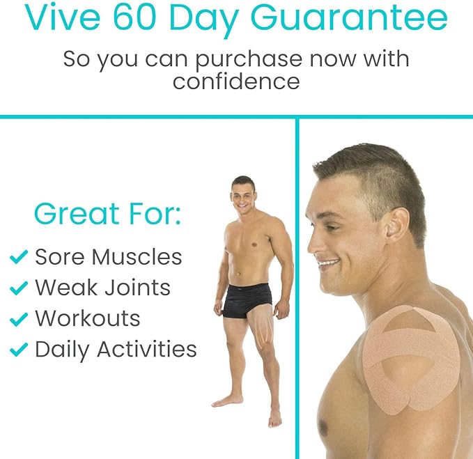 Vive Kinesiology Tape (105 Feet) - Therapeutic Athletic Support Tape - Uncut Kensio Roll - Muscle and Joint Recovery for Shoulder, Back, Knee, Elbow and Ankle Pain Relief - Waterproof for Sports