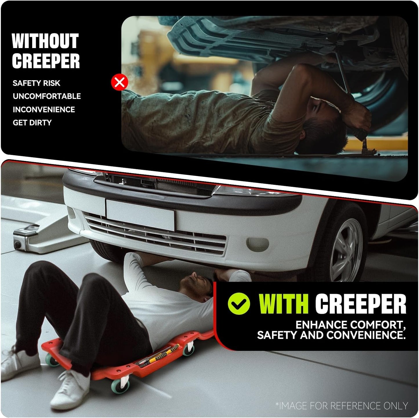 Auto Dynasty 40 Inches Mechanic Creeper, Automotive Garage Repair Low Profile Under Car Rolling Creeper with Padded Headrest, Plastic, Red