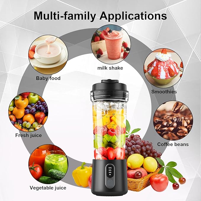 Portable Blender for Smoothies and Shakes, 2 Portable Blender Cups, 17 &10 oz Cordless Personal Small Blender with Straw Brush&Lid, USB-C Rechargeable, Quiet Mini Travel Blender, Black