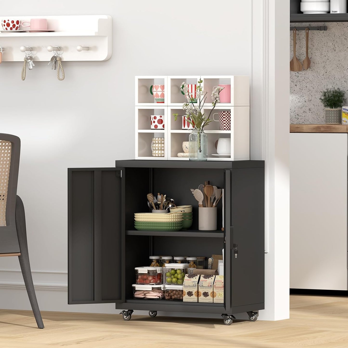 GREATMEET Garage Cabinets with Wheels, Black Garage Storage Cabinets with Doors and Adjustable Shelves,Rolling Lockable Metal Garage Storage Cabinets for Home Office Utility Room