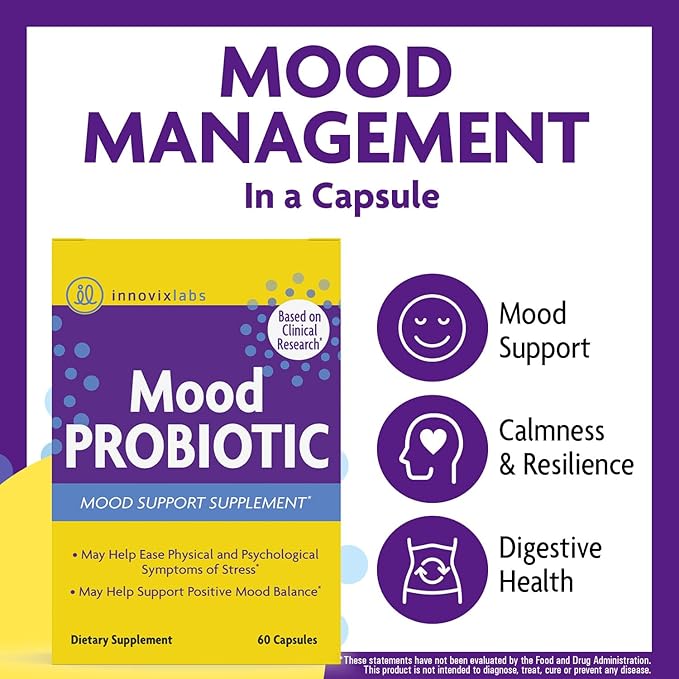 InnovixLabs Mood Probiotic for Women & Men, Clinically Studied Digestive & Mood Support Supplement, Lactobacillus helveticus Rosell-52ND & Bifidobacterium longum Rosell-175, 60 Capsules