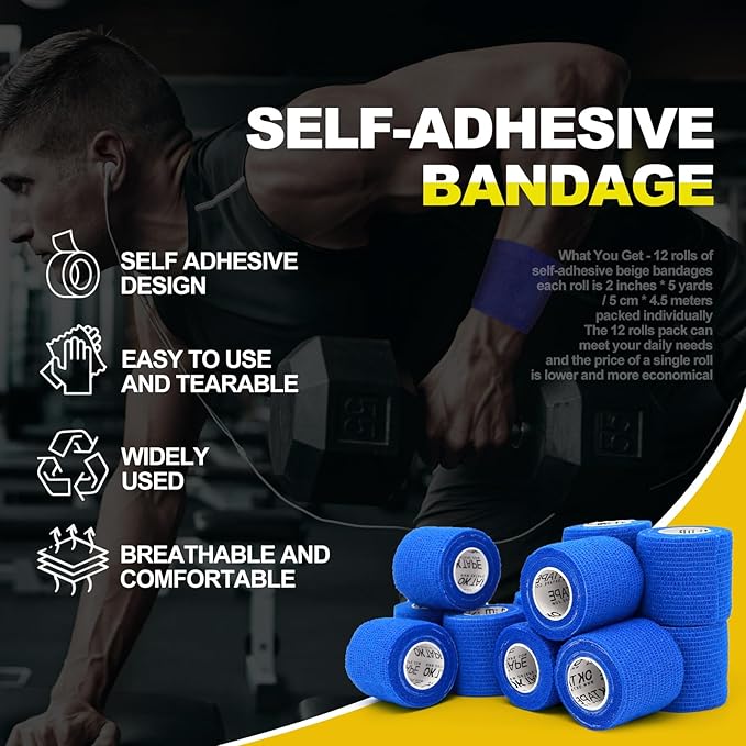 OK TAPE 12 Rolls Self Adhesive Bandage Wrap, Elastic Athletic Tape, Self Stick Bandage Tape, Vet Wrap, Medical Wrap for Wrist, Feet, 2" x 5 Yards - Blue