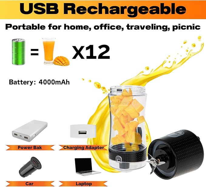 Compuaddict - Personal Blender Shakes and Smoothies 13 OZ Individual Mini Blender USB Rechargeable Fresh Juice Portable Blender Travel Blender (Black)