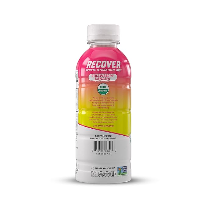 RECOVER 180 Organic Sports Hydration Drink, No Sugar Added, 20 Calorie Sports Beverage, Organic Flavors With Vitamins, Potassium-Packed Electrolytes (16.9 Fl Oz (Pack of 12), Strawberry Banana)