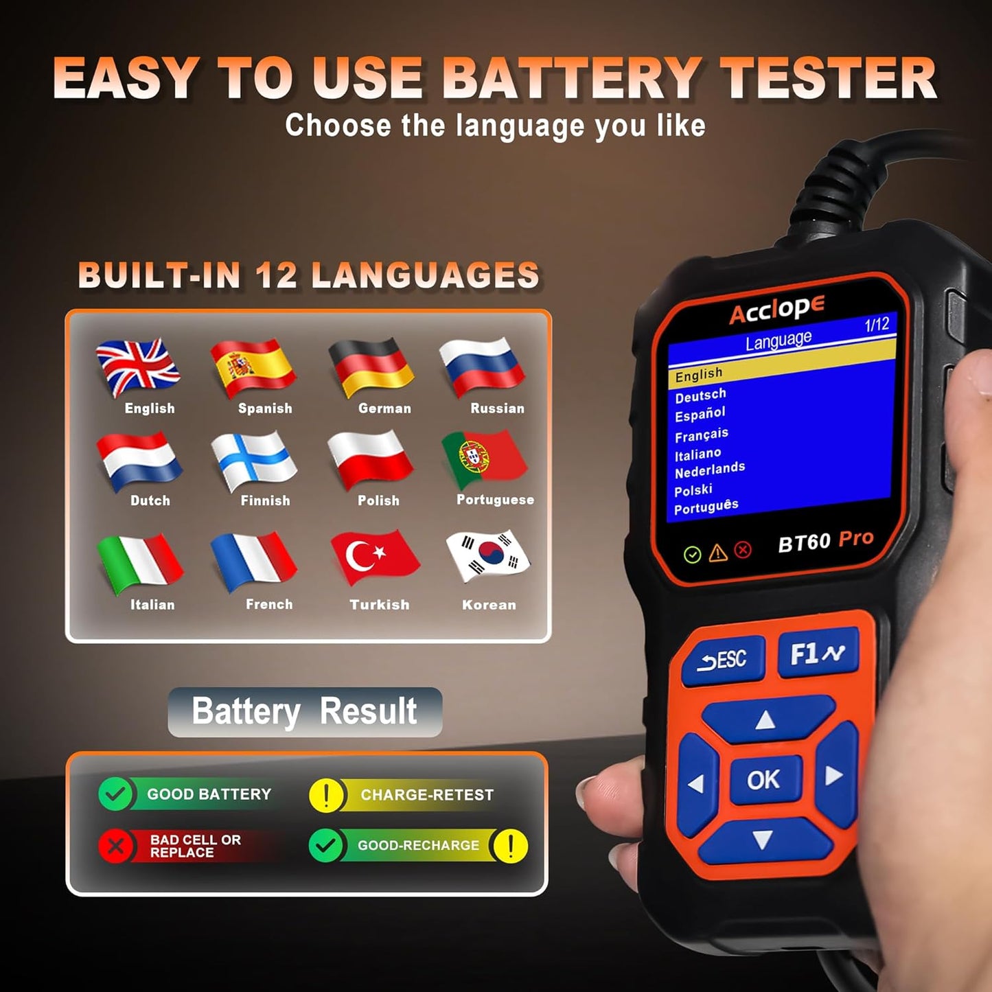 BT60 Pro Acclope Car Battery Tester with Cloud Printing 100-3000 CCA 6V 12V 24V AGM Lithium Gel Battery Checker Automotive Alternator Digital Analyzer Charging Cranking System Vehicles Truck Home-use