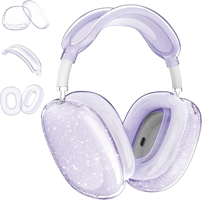 for AirPods Max Case Clear Glitter,3 in 1 Clear Soft TPU Ear Cups Case Cover/Ear Pad Case Cover/Headband Cover for Airpods Max Case Cover,Case for AirPod Max Headphone Accessories-Purple