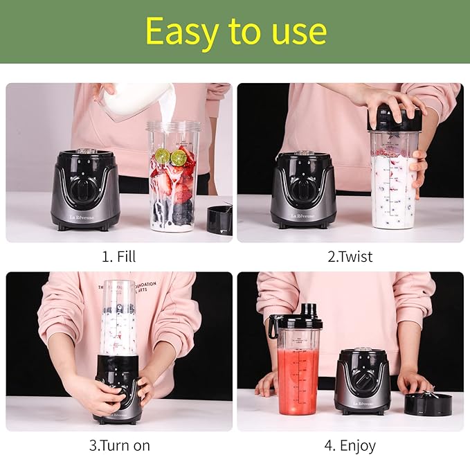 La Reveuse Personal Size Smoothies Blender 300 Watts with 24 oz BPA-Free Portable Travel Sports Bottle (Grey)
