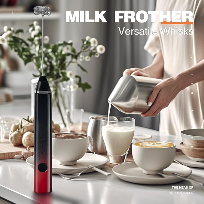 Milk Frother Rechargeable Handheld Electric Whisk Coffee Frother Mixer with 3 Stainless whisks 3 Speed Adjustable Foam Maker Blender for Coffee Matcha Latte Cappuccino Hot Chocolate(Black Red)