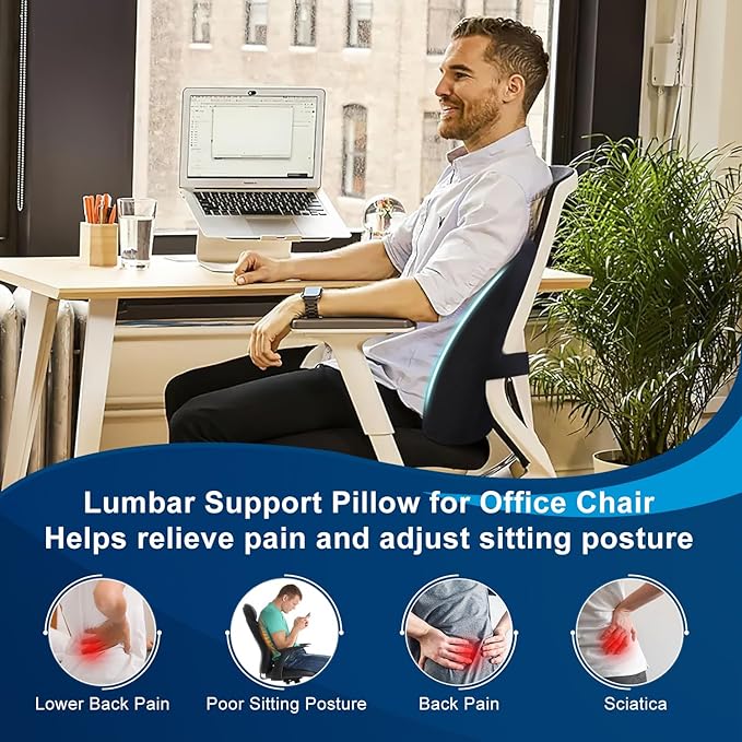 QUTOOL Lumbar Support Pillow for Office Chair, Memory Foam Low Back Support,Back Pain Relief, Ergonomic Large Back Cushion for Desk Chair,Gaming Chair,Adjustable Strap and Washable Cover