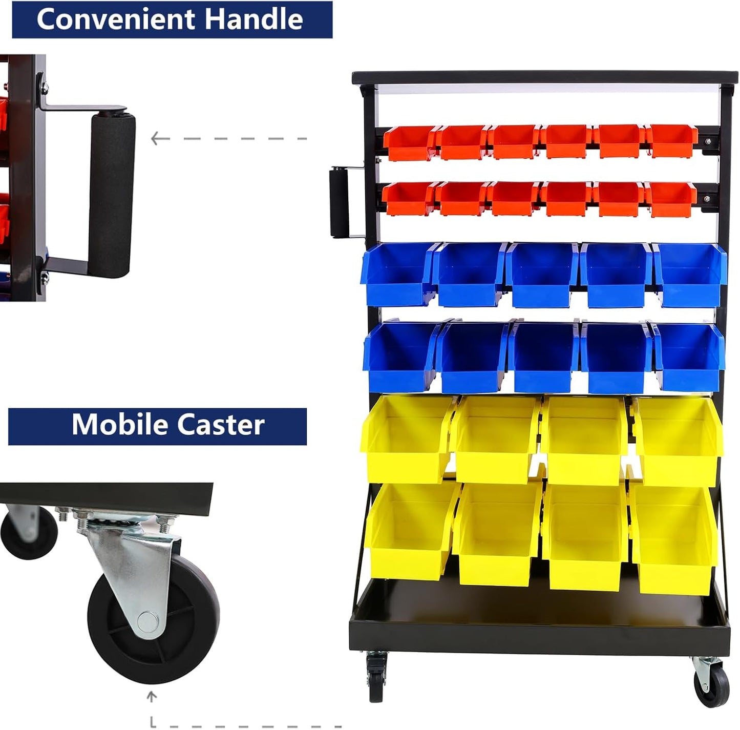 60 Parts Bin Rack Garage Storage Unit 6 Tiers System Steel Shelf with Portable Wheels, Mobile Tool Organizer Plastic Bins, for Men Birthday Gift (6 Tiers)