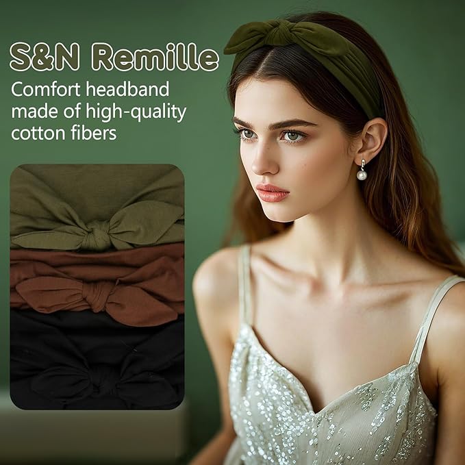 S&N Remille Wide Headbands for Women, Large Hairband, Elastic Non-Slip Headband Twist Knotted Accessories, Yoga Workout Vintage Hair 3 Pack (Multi-colored-3)