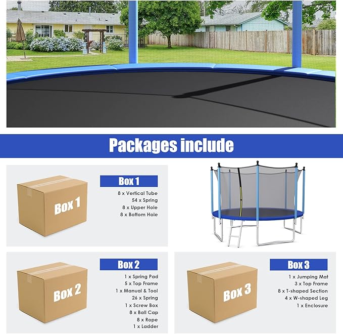 GYMAX Trampoline, 8FT 10FT 12FT 14FT 15FT 16FT Recreational Trampolines w/Safety Enclosure Net & Ladder - ASTM Certificated, Outdoor Trampoline for Kids and Adults