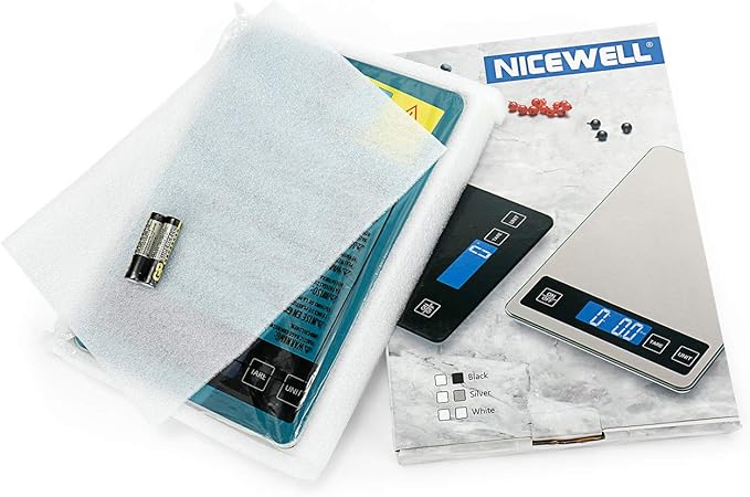 Nicewell Food Scale, 22lb Digital Kitchen Scale Weight Grams and oz for Cooking Baking, 1g/0.1oz Precise Graduation, Stainless Steel and Tempered Glass (Ash Silver)