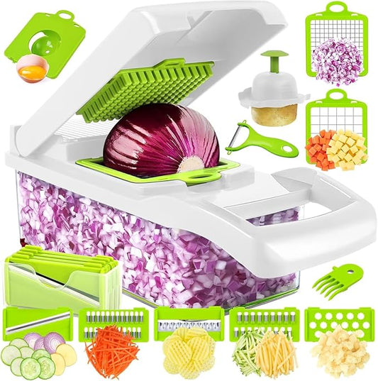 Vegetable Chopper & Spiralizer - Food Chopper with Container | Fruit Slicer, Kitchen Gadget | Dice, Slice, Shred Veggies/Fruits | Perfect for Salads(17-in-1green)